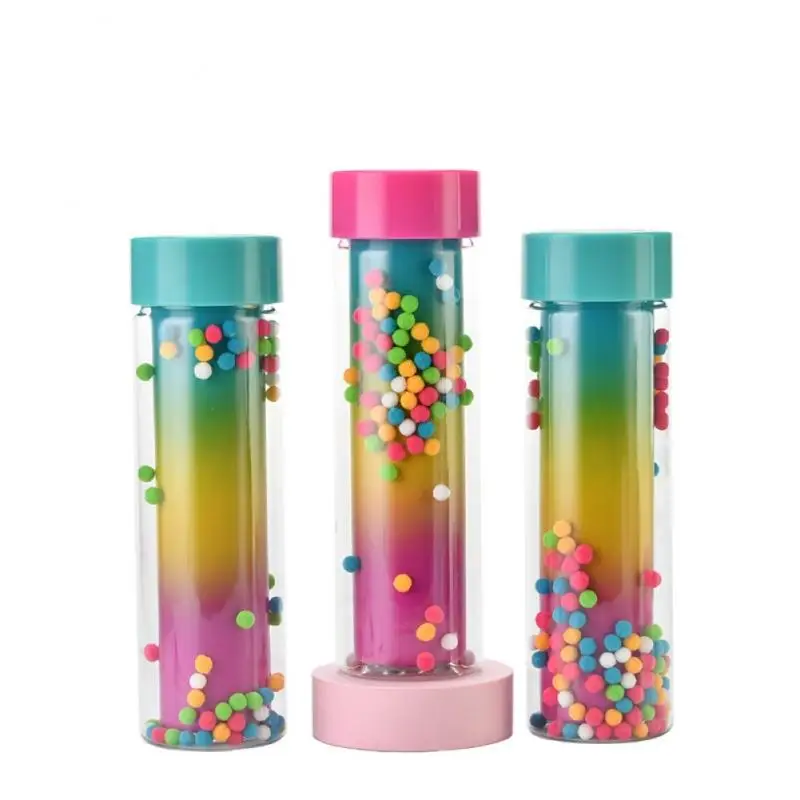 

500ML Straw Cup With lid creative gradient color rainbow double layer bottle sealed and leak-proof cute POM hair ball straw cup