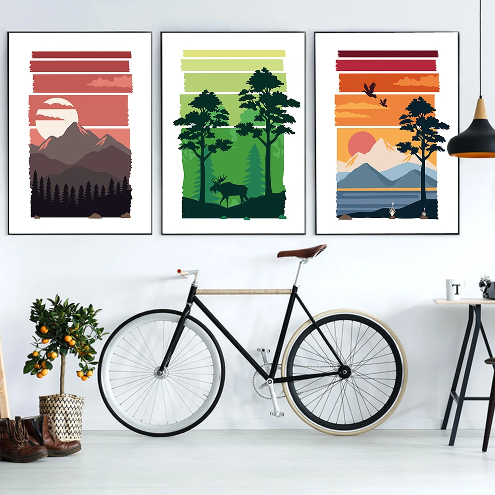 

Scandinavian Landscape Art Prints Poster Modern Home Decor Mountain Sunset Tree Canvas Painting Living Room Decorative Pictures