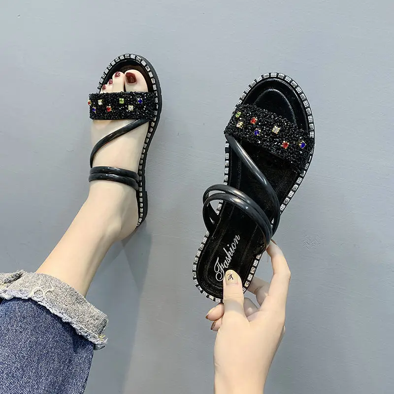 Горный хрусталь сандалии на плоской подошве женские с Т образным ремешком черные