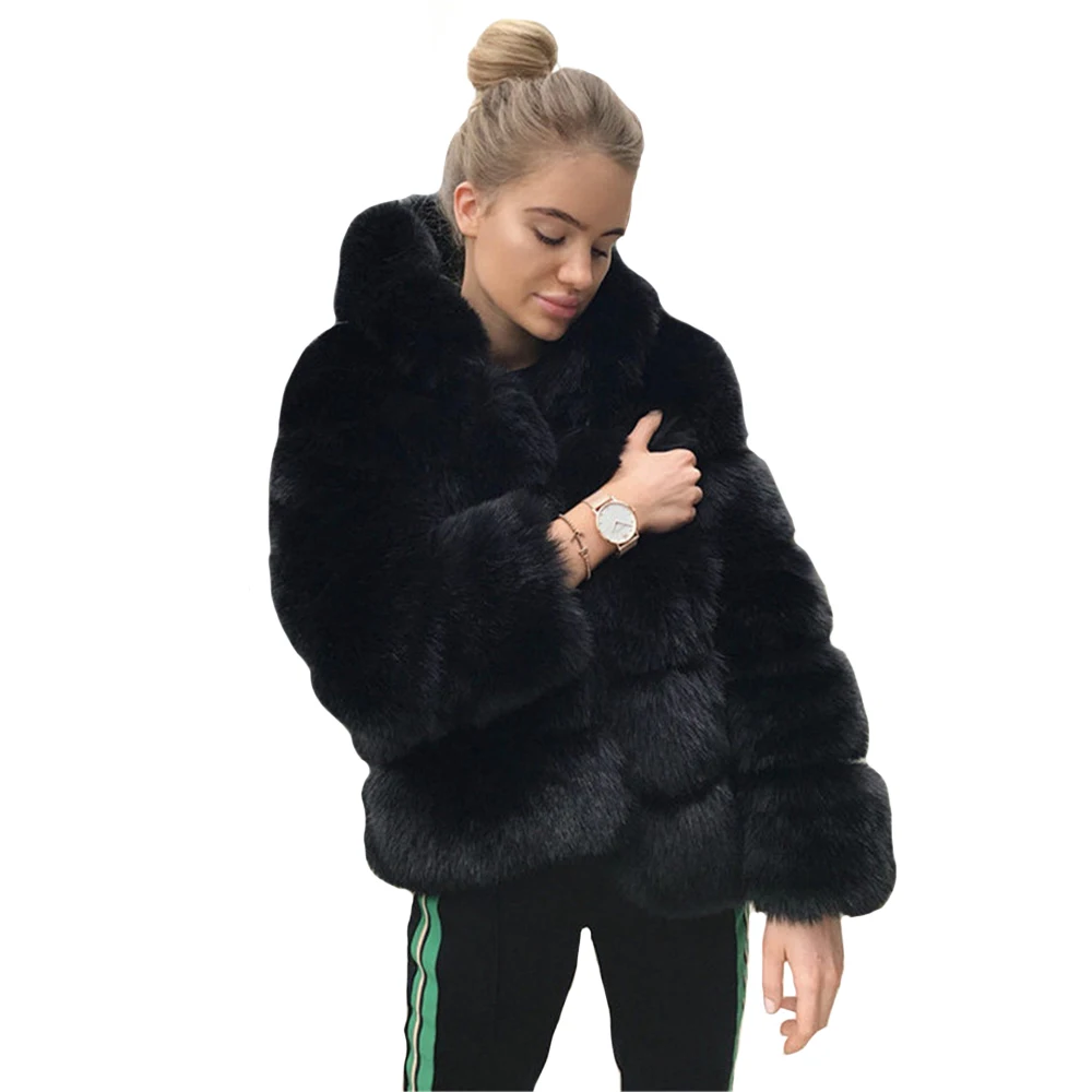 

New Women Hooded Faux Fur Coat Faux Mink Winter Fashion Artifical Fox Fur Warm Wool Coat Outerwear Thick Jacket Plus Size Coats
