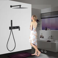 black painted full copper embeded 12 inch 304 stainless steel square ultra thin top sprayer hot and cold water wall shower set