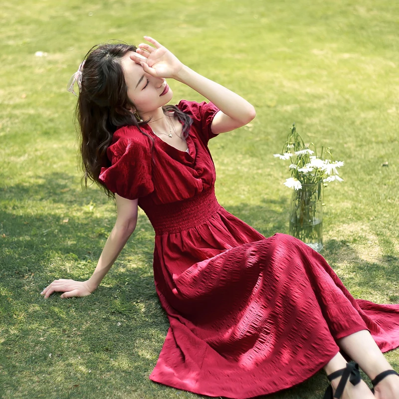 Dress Women Retro Burgundy Summer Stylish Holiday Girls Dresses High Waist Lovely Puff Sleeve Elegant Soft Womens Party Vestidos | Женская