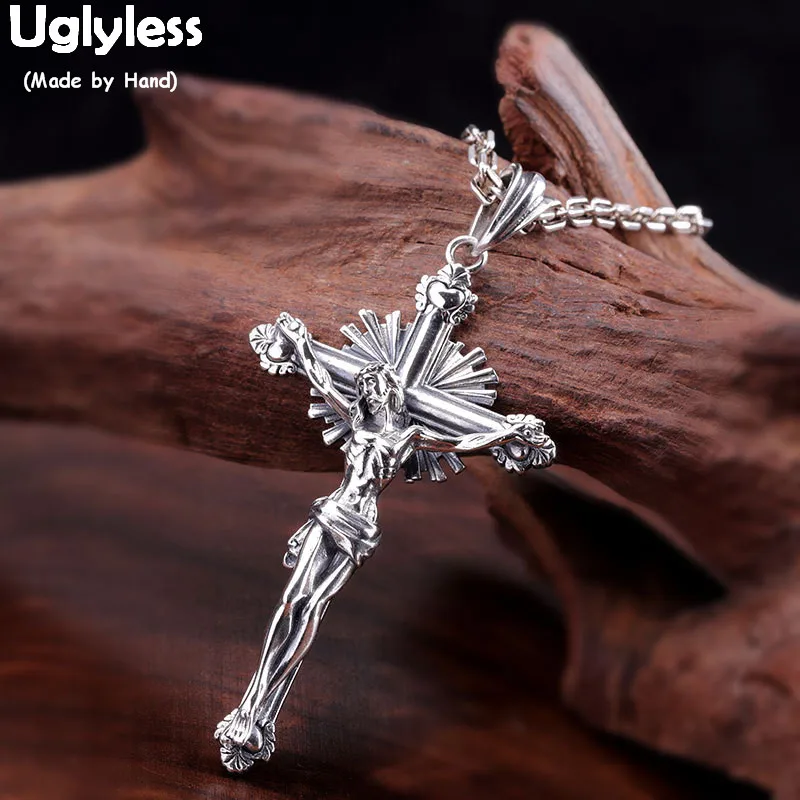 

Uglyless God Bless U Jesus Pendants for Men Religious Christian Gifts Fine Jewelry 925 Thai Silver Cross Necklaces NO Chain P780