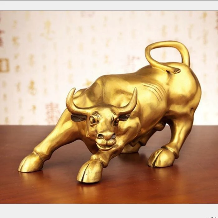 

Brass Wall Street Bull Ox Figurine Charging Stock Market Bull Statue Feng Shui Sculpture Home Office Decor