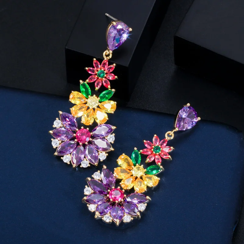 Женские серьги подвески с цветком CWWZircons уникальные Разноцветные из кубического
