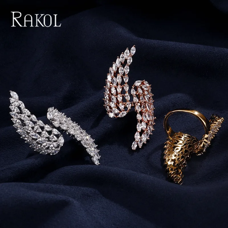 RAKOL Новое модное прозрачное кольцо с циркониевым камнем микро закрепкой крылья
