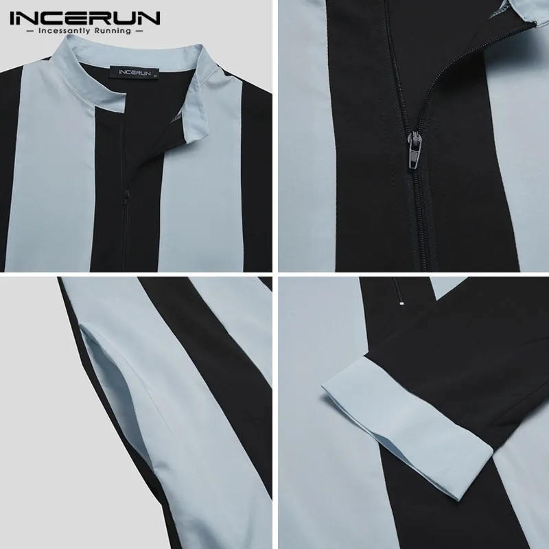 

INCERUN Men Muslim Kaftan Long Sleeve Stand Collar Color-block Striped Fashion Jubba Thobe Saudi Arabia Islamic Robes Men Abaya