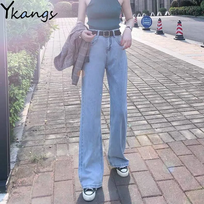 

Уличная Высокая талия прямые джинсы в винтажном стиле Для женщин синий Повседневное, свободные, широкие в ноге, 2020 Джинсы Брюки-бойфренды дж...