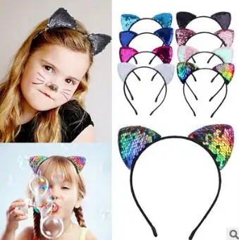 

6Pcs/Lot DIY Multi Simple Paillette Cat Ears Headband Cartoon Childen Head Bands Hair Care Styling Tools HA811