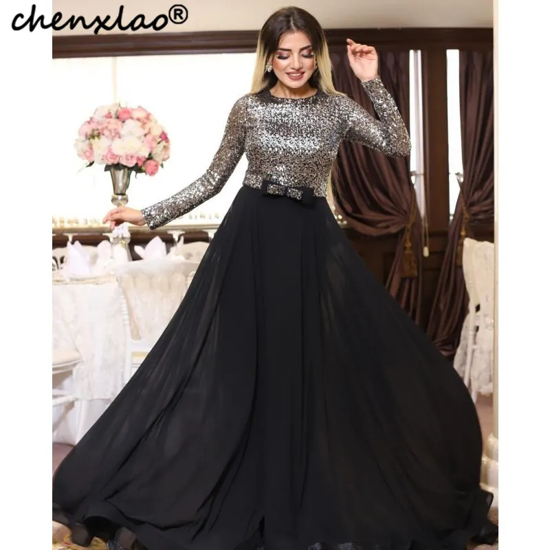 

Charming Long Sleeves Evening Dress Arabic Muslim Sparkling Sequins Floor Length Formal Party Evening Dresses
