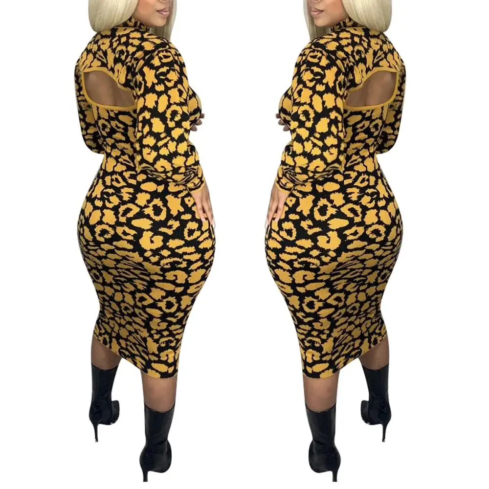 

Hot Selling Sexy Nightclub Party Style Women Dress High Neck Leopard Printing Puff Sleeve Skinny Mid-Calf Dresses Autumn