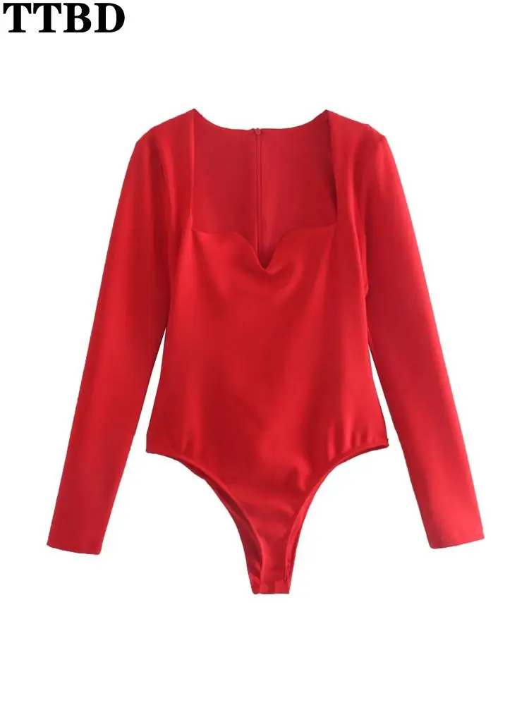 

TTBD women Long Sleeve Red Skinny Bodysuit spring Sexy Tops Femme Body Heart-shaped Square Collar Jumpsuit Fashion Overalls