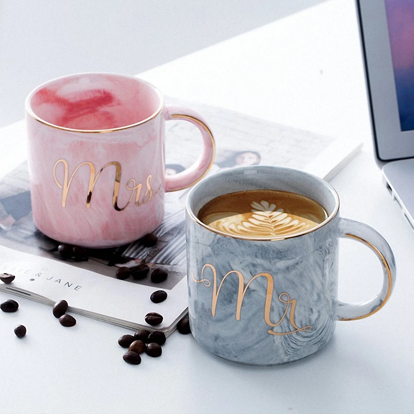 Marble Ceramic Mug Handpainted Gold Monogram Natural Marble Porcelain Coffee Mug Pink Gold Inlay Cup Creative Wedding Gift