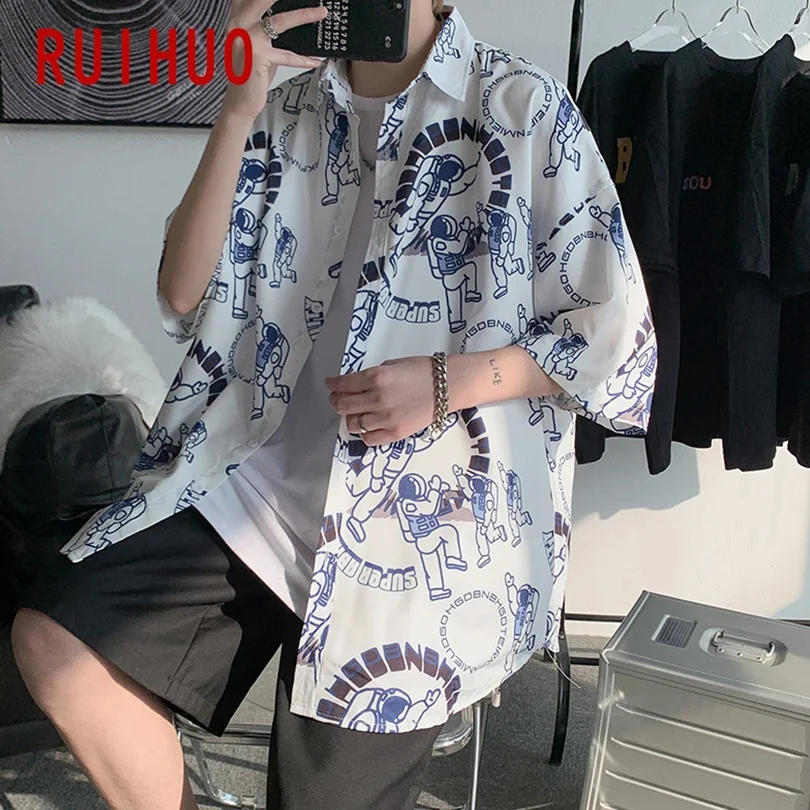 

RUIHUO Robot Print Casual Shirts For Men Clothing Harajuku Shirt Men Streetwear Men Shirt Short Sleeve M-2XL 2021 New Arrival