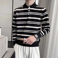 korean sweater mens fashion striped lapel polo knitted pullovers autumn winter long sleeve warm casual social knitwear sweaters
