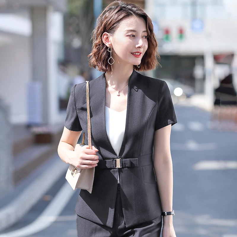 Female Elegant Formal Office Work Wear Summer Women Business Skirt Suits and Jacket Sets Ladies Clothes Short Sleeve Grey Blazer | Женская
