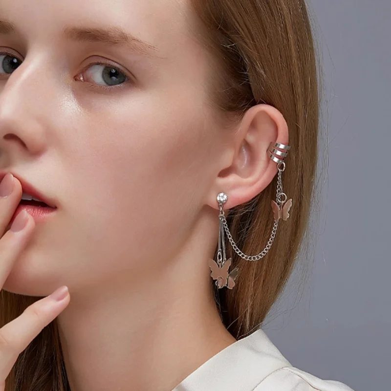 

2021 Fashion Butterfly Clip Ear Clip Ear Hook Stainless Steel Ear Clip Double Pierced Earrings Ladies And Girls New Jewelry