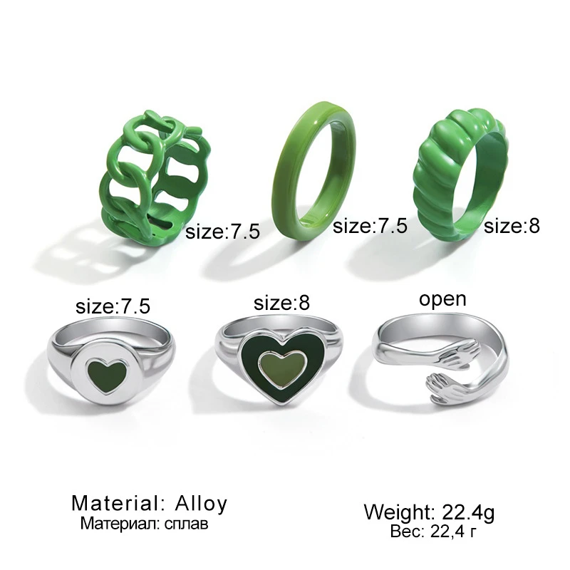 Vintage Green Embrace Hands Rings Set For Women Metal Paint Coating Fashion INS Style Love Heart Ring 2021 Jewelry Gift