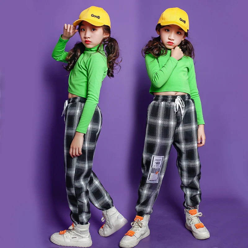 Брюки в клетку для девочек костюм джазовых танцев Детский стиле хип-хоп