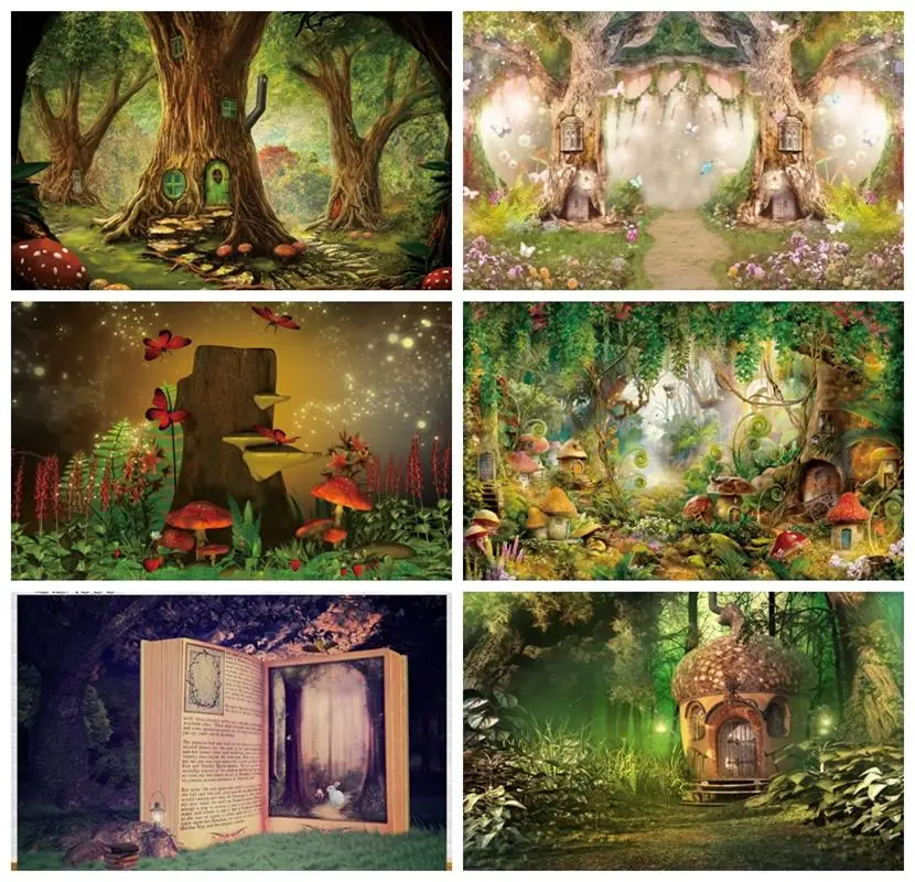 Laeacco Märchen Wald Kulissen Bäume Grünland Pilz Elfen Baby Geburtstag Porträt Fotografie