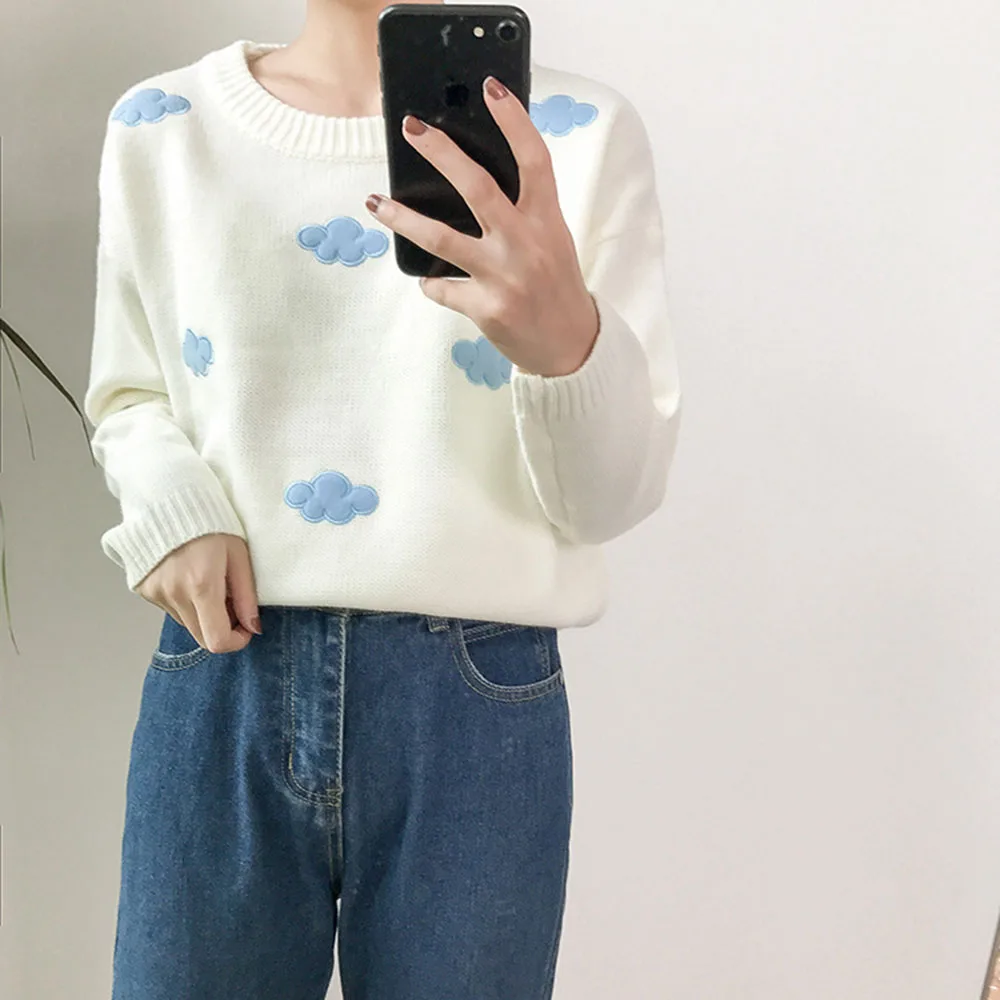 Women's Clothing Cute Kawaii Thick Loose Clouds Embroidery Sweater Lady Harajuku Ulzzang Sweaters For Women Knitted | Женская одежда