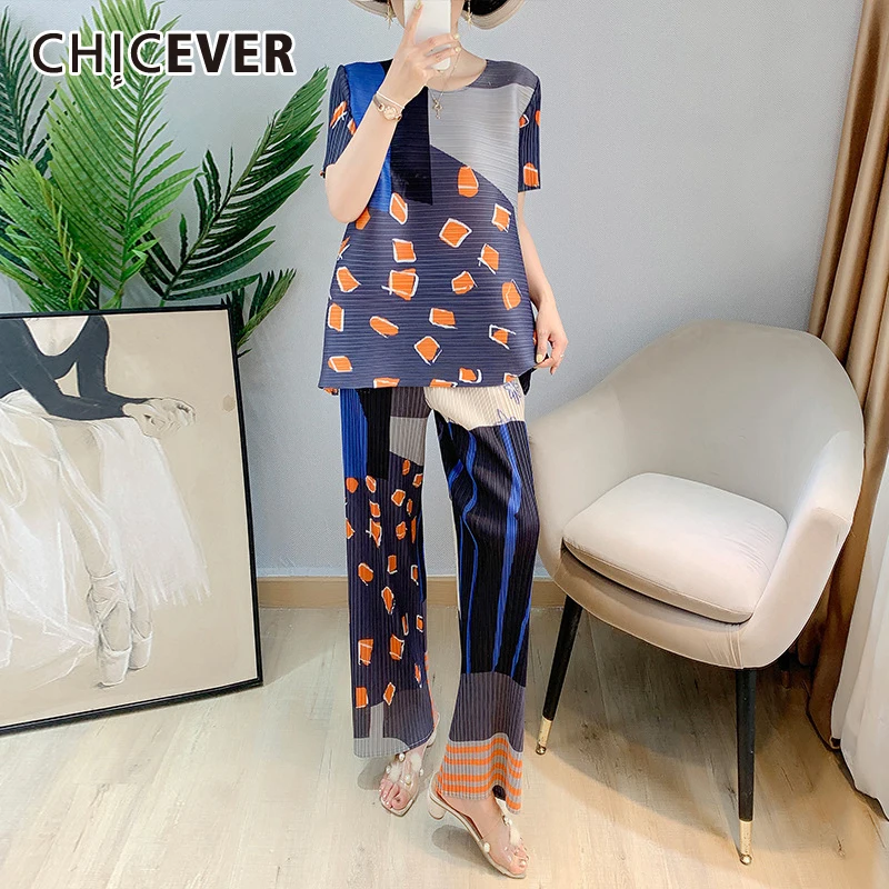 

CHICEVER Print Two Piece Set For Women O Neck Short Sleeve T Shirts High Waist Loose Wide Leg Pants Hit Color Sets Females 2021