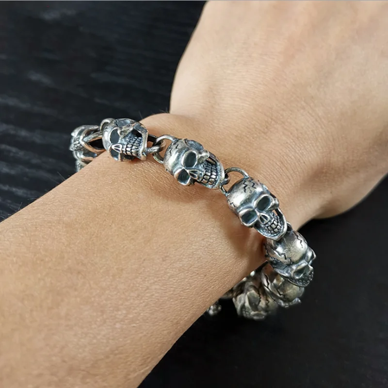 Мужской винтажный серебряный браслет в виде черепа из тайского серебра 100% пробы |