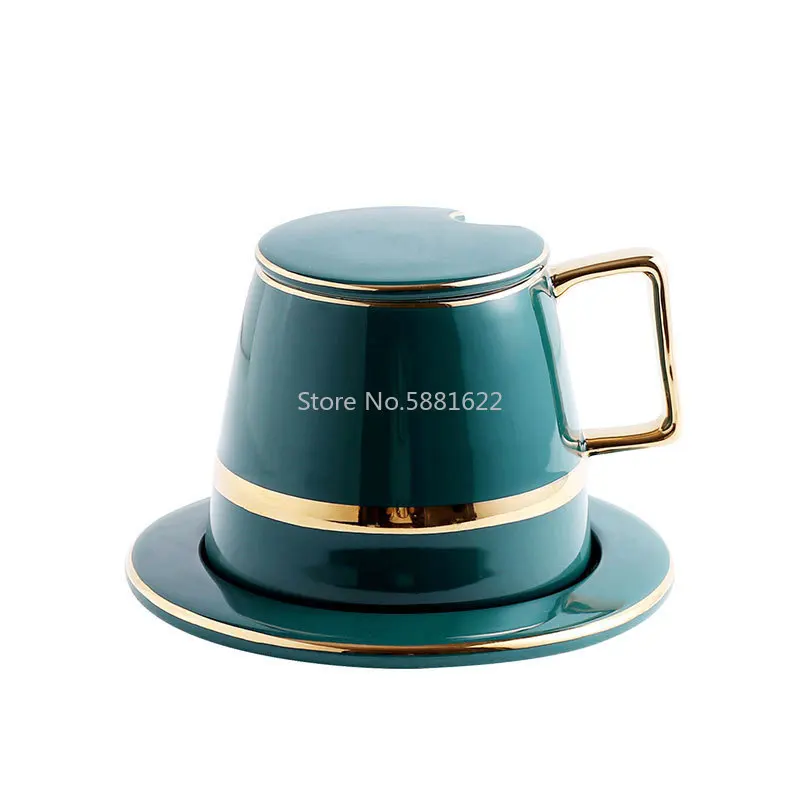 

European Luxurious Ceramics Coffee Cup Sets4pcs With Lid Dish Spoon Gift Box Suit Mugs Milk Tea Coffee Green Drinkware 450ml