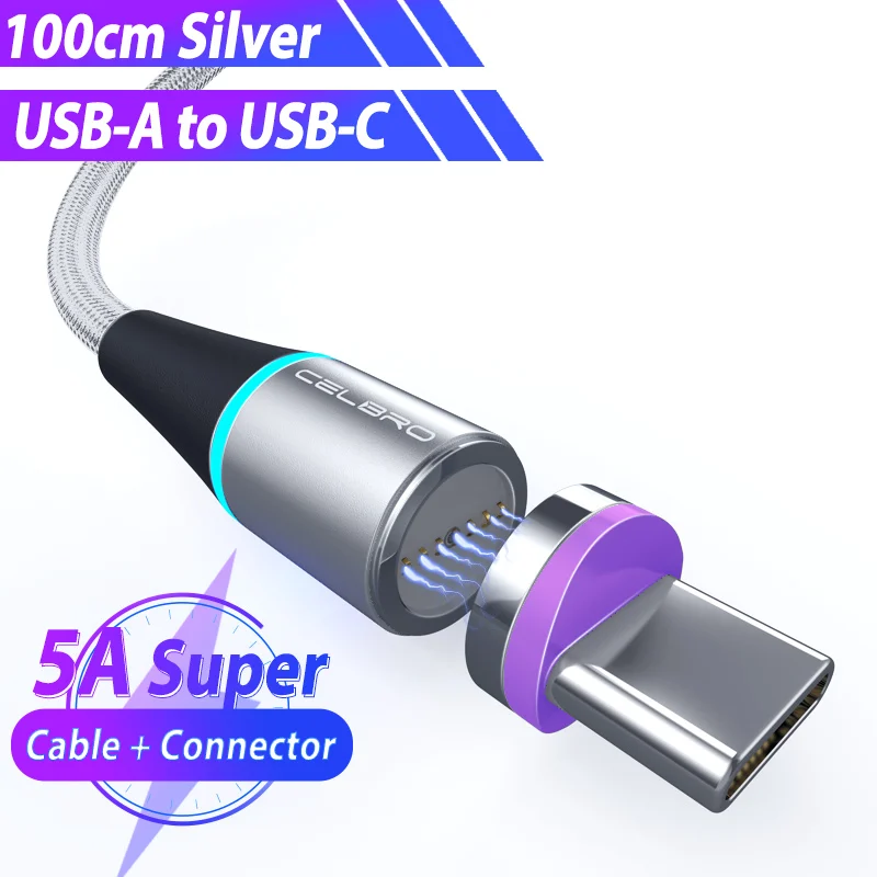 silver for Type c 5A 5А Магнитный кабель для быстрой зарядки mi cro Usb шнур для Xiao mi A3 A2 mi 9 Cabos 3 м светодиодный светильник Usb Type C кабель 3,1 кабель для быстрой зарядки - Цвет: silver for Type c 5A