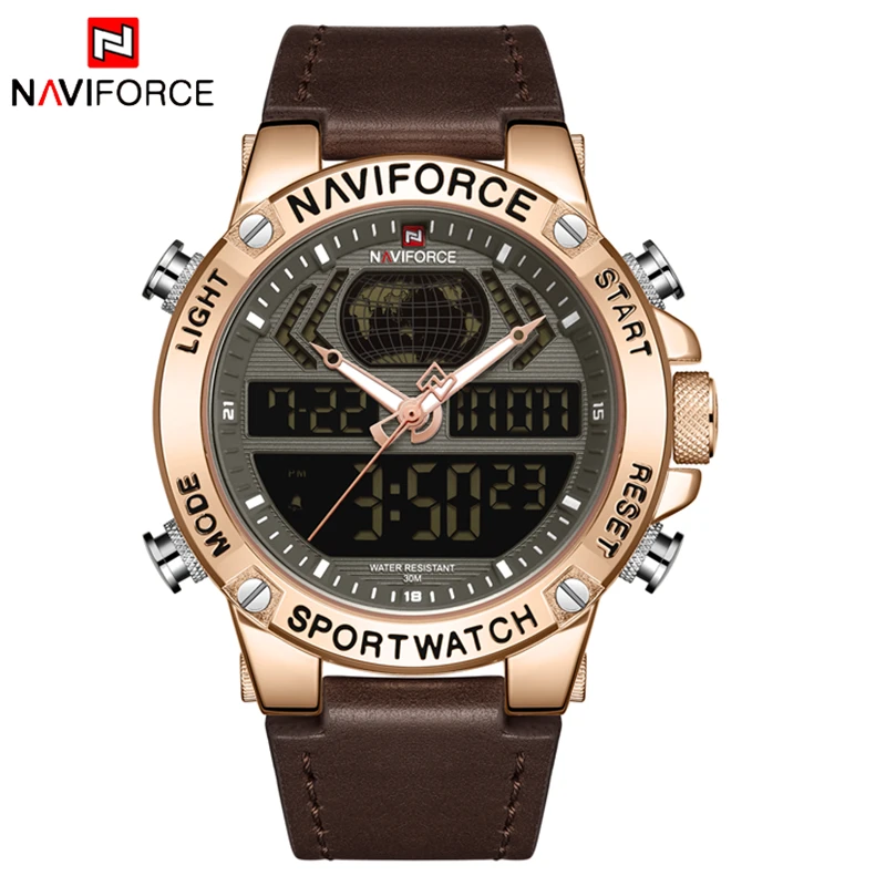 NAVIFORCE модные бизнес Брендовые мужские часы кожаные аналоговые цифровые
