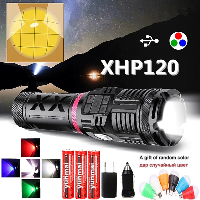 

Самый мощный светодиодный фонарик XHP120, 16-ядерный светодиодный фонарик с бусинами, перезаряжаемый через USB, фонарь для охоты, алюминиевый фон...
