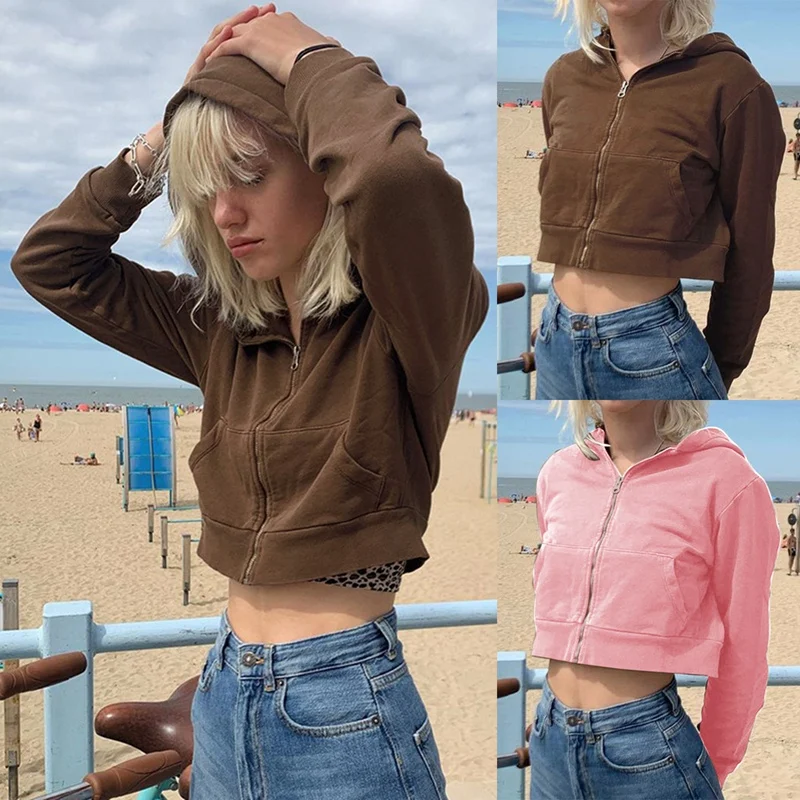 

Women's Fashion Solid Color Zipper Hooded Short Sweater Jacket