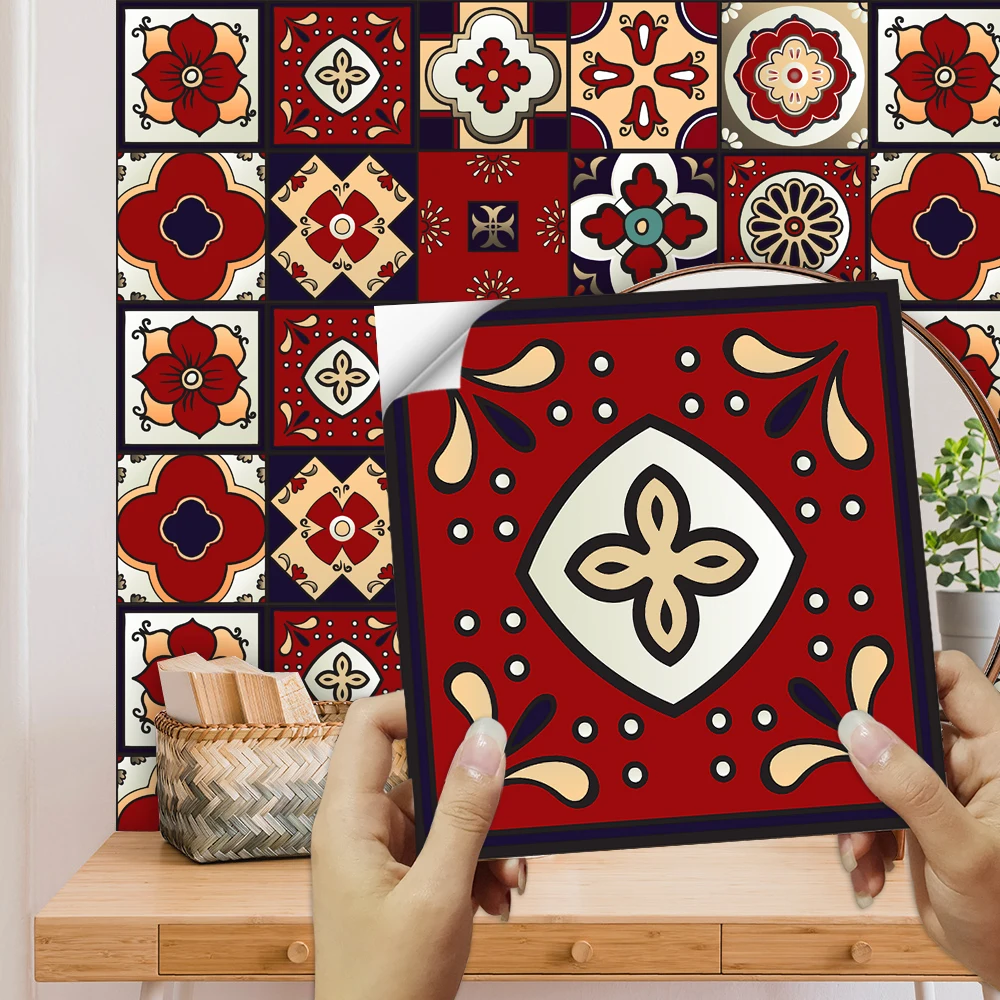 

10pcs Red Mandala Tiles Wall Sticker Matte Film For Tiles /Ground in Kitchen Backsplash Wardrobe Cupboard Floor Wall Decals