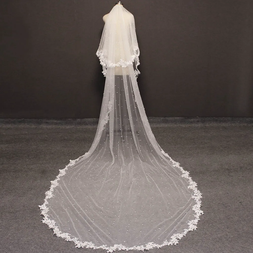 Pearls Wedding Veil with Lace 2 Layers Cover Face Bridal 3.5 Meters Long Blusher Accessories | Свадьбы и торжества