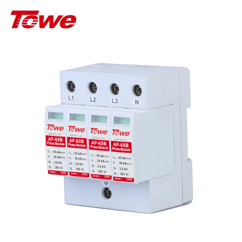 

Class B, 65kA 4 Poles 3 Phase Low Voltage Power Line 380V Surge Protector Thunder Preventer Lightning Surge Arrester Device SPD