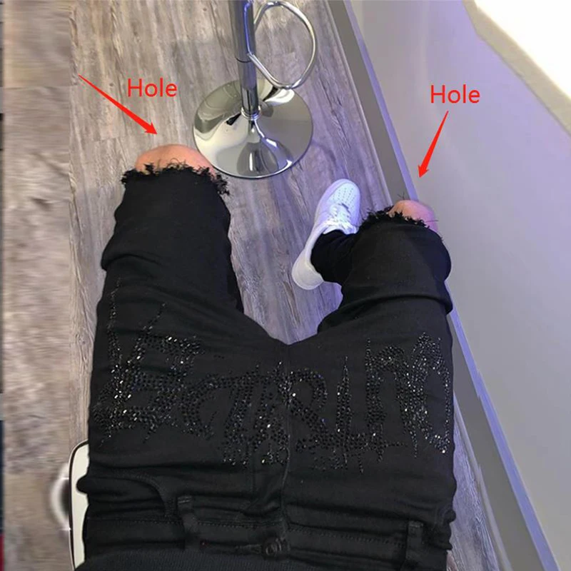 

Men Black New Hole Pencil Pants Trousers Stretchy Ripped Skinny Biker Hot Drill High Quality Street Punk Washed Destroyed Jeans