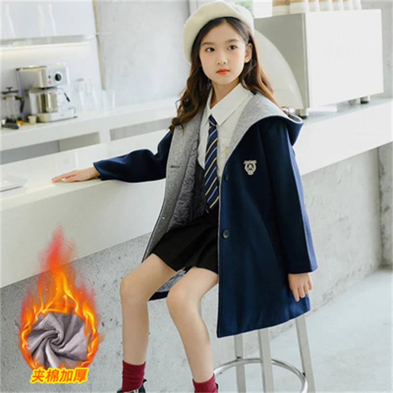 

Girls Boys Wool Coat Jacket Outerwear 2021 Blue Warm Thicken Plus Velvet Winter Autumn Cotton Baby's Kids Children's Clothing