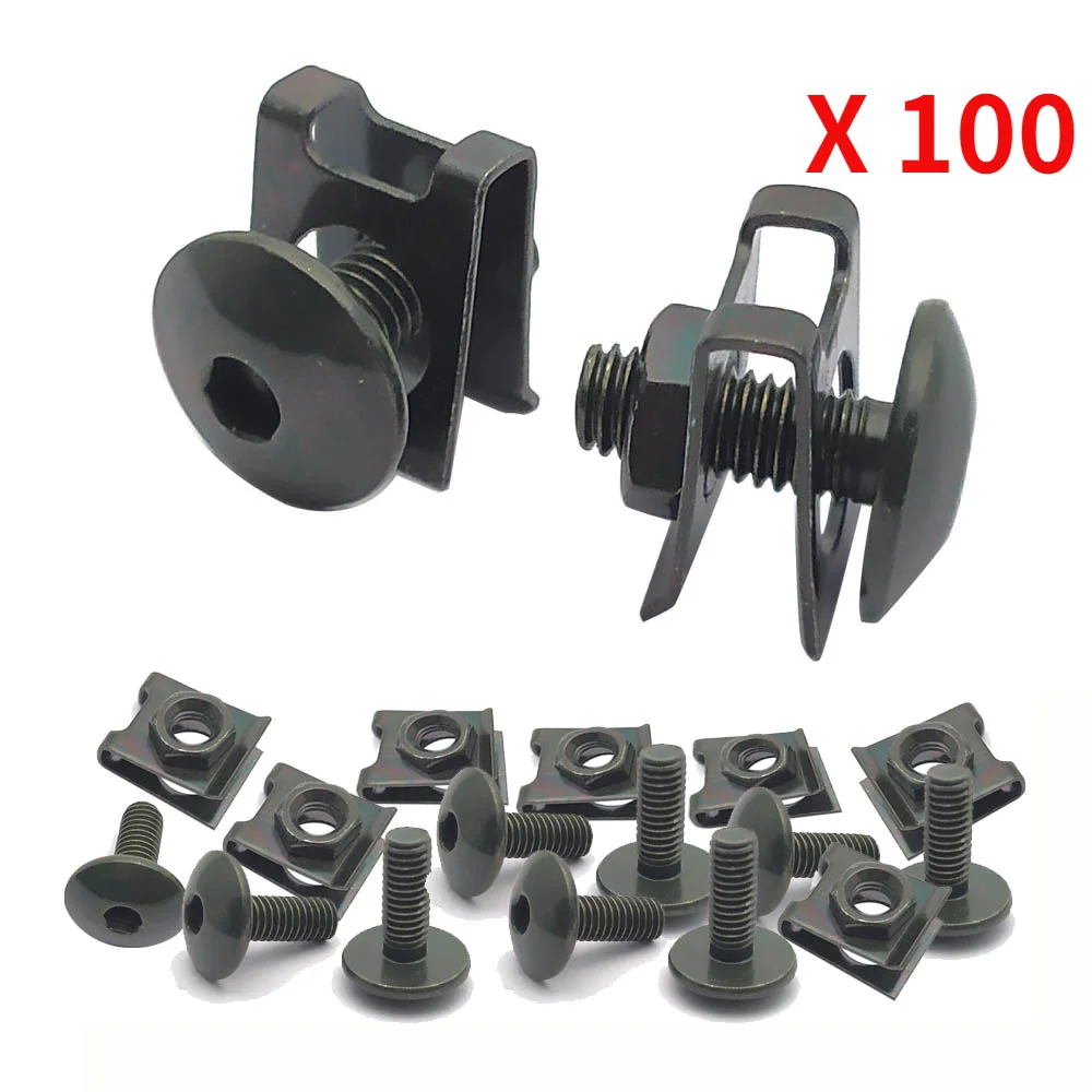 

100set Bolt and U Type Clips Nut for Motorcycle Scooter ATV Moped Plastic Cover Screw with Nut M6 6mm M6X16 Big Flat Hex Bolt