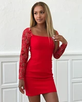 short red cocktail dresses with full sleeve fitted sheath square neck slim figure formal girls mini homecoming dress for party