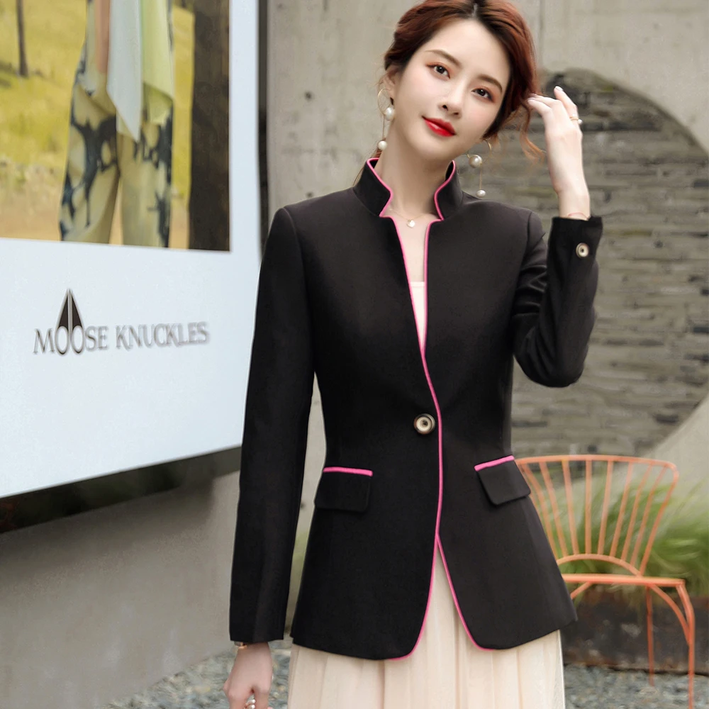 

2020 New Design Fall Winter Blazer Women's Single Button S-4XL Slim Stand Collar Yellow Pink Black Elegant Ladies Jacket