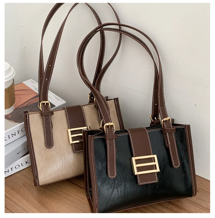 

Women's Shoulder Bag Large Capacity Square Hasp Contrast Colors Vintage Leather Handbags Wholesale 2021 New Fashion Female Bags