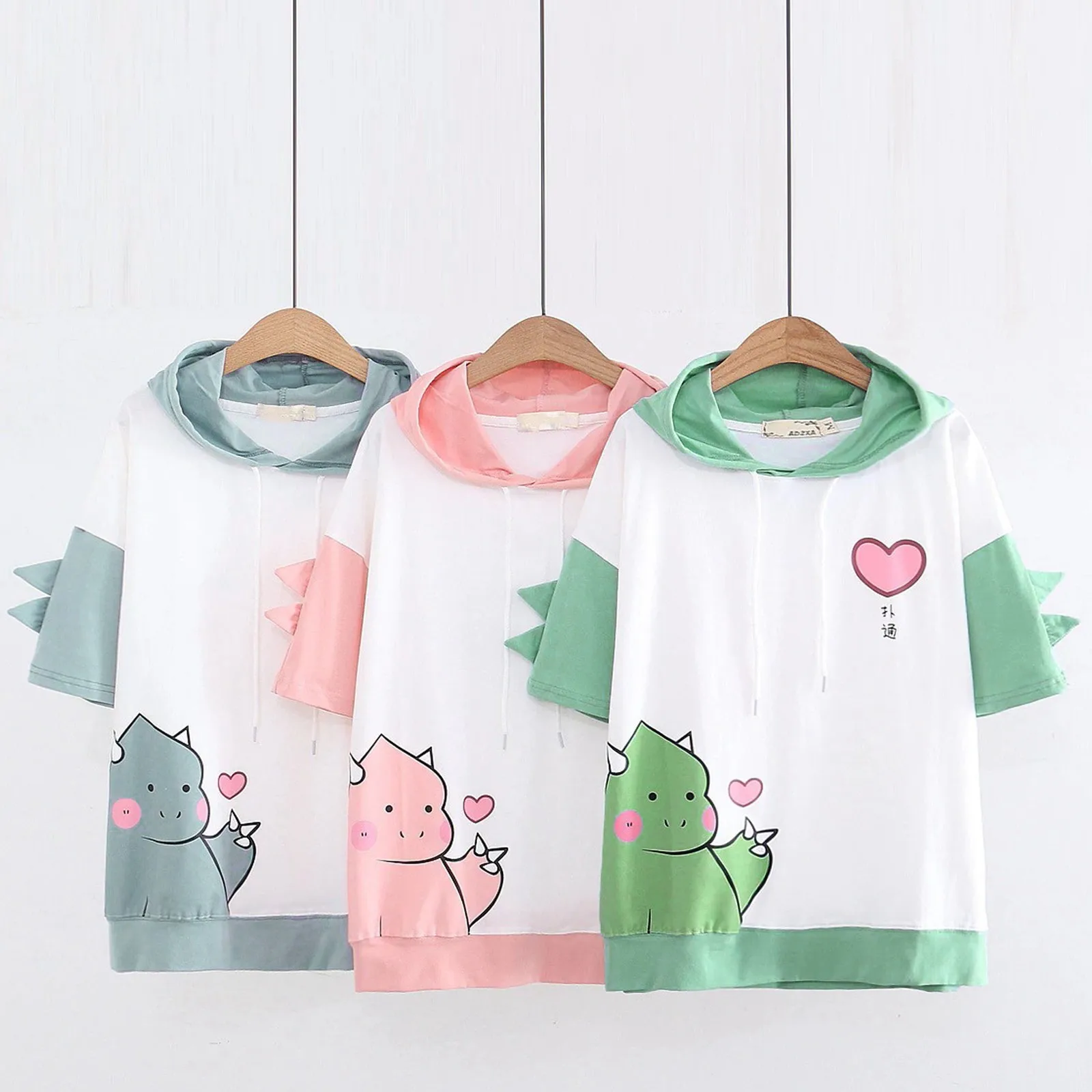 Hooded Sweatshirt Women Sweetshirts Fashion Hoodie Casual Cute Emo Dinosaur T Shirt Drawstring Short Sleeve Tops Y2k Ropa Mujer