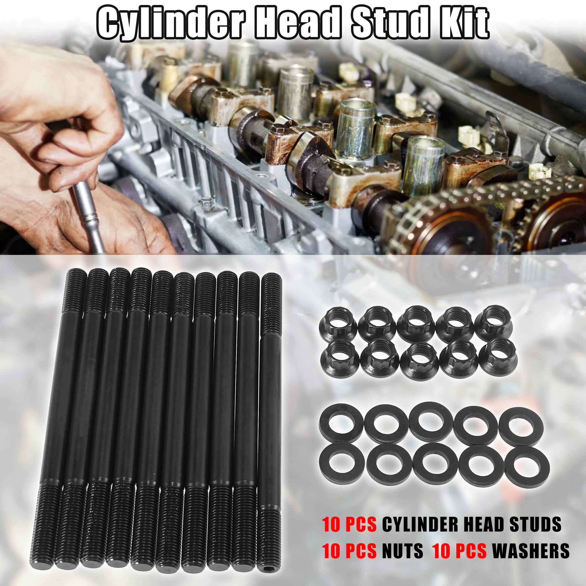 

X Autohaux Cylinder Head Stud Kit Set Metal Black For Honda Civic 1.6L D16Y Engines 1996-2000