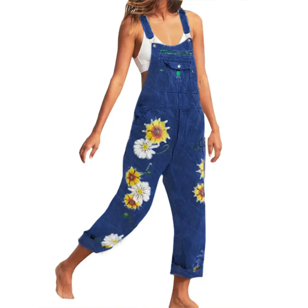 

New Women Denim pants Casual Bib Overall Playsuits & Bodysuits Dungarees Sunflower Print Pockets Denim Loose Overalls Jumpsuits