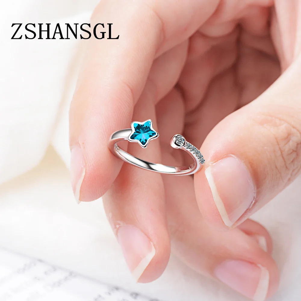 Простой серебристый цвет геометрические синие пятиконечные Звездные Кольца для