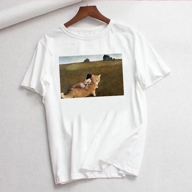 Fat cat/Летние повседневные топы с принтом Ван Гога, футболки с короткими рукавами, Женские винтажные Новые забавные свободные футболки Harajuku