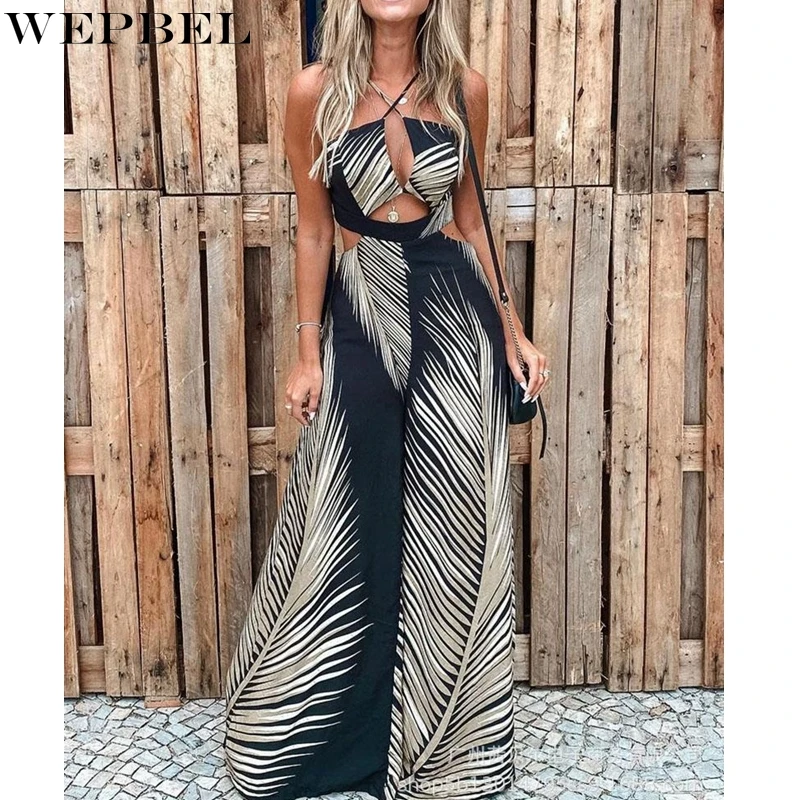 

Женские комбинезоны с принтом WEPBEL, летние комбинезоны с открытой спиной и V-образным вырезом, Комбинезоны на бретелях-спагетти с высокой тал...