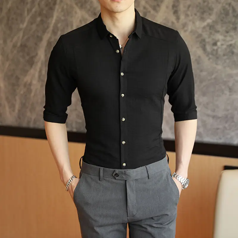 

Повседневная летняя мужская футболка с рукавом средней длины, приталенная белая футболка в Корейском стиле с короткими рукавами и рукавом ...