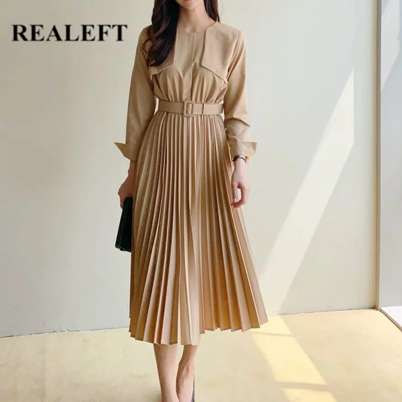 REALEFT осенне зимнее элегантное Плиссированное длинное платье с поясом до середины