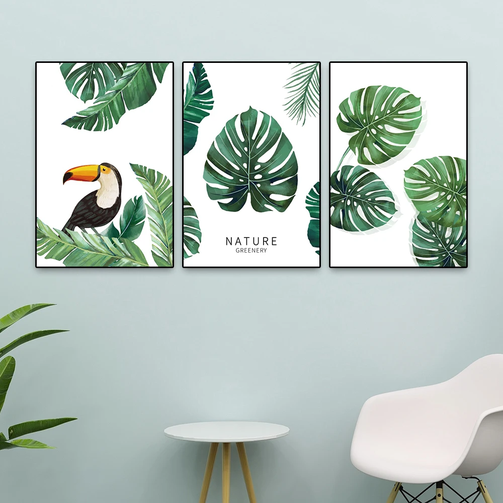

Laeacco Tropical Plant Painting Fashion Canvas Posters Green Leafs Parakeet Prints Wall Pictures for Living Room Home Art Decor